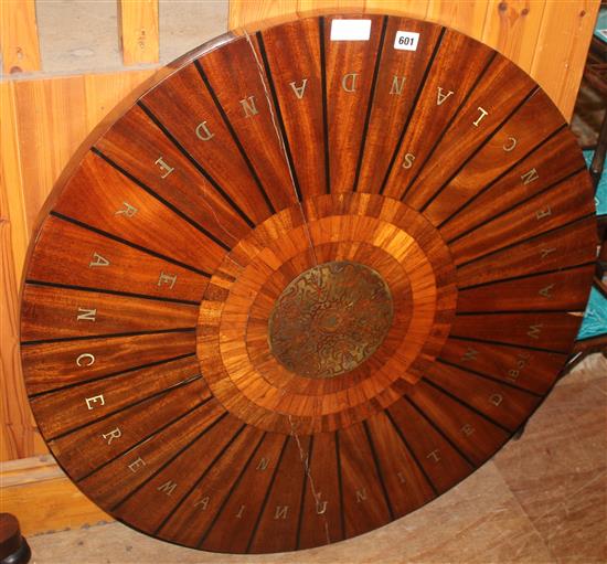 Brass inlaid and specimen circular wood table, top dated 1856
